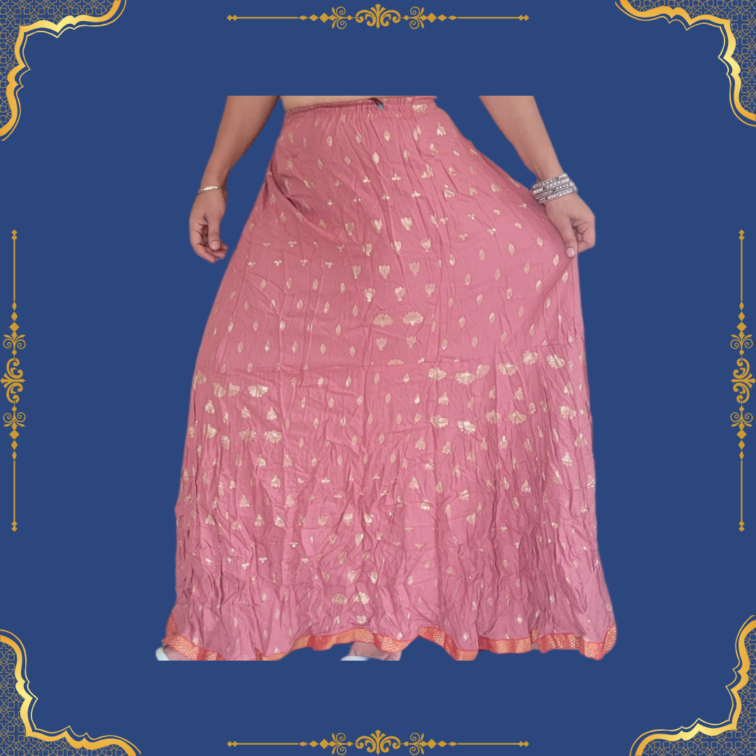 Printed Cotton Long Skirt - Onion Pink with ethnic motifs