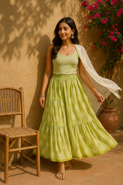 Printed Cotton Long Skirt : Light Green